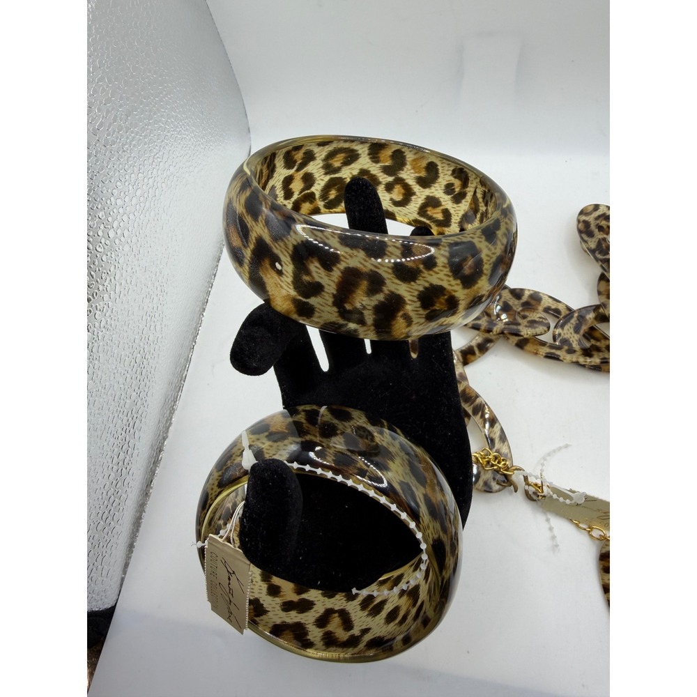 Kenneth Jay Lane Couture Leopard Print Resin Link Necklace & 2 Bangle Set NWT - Picture 4 of 6